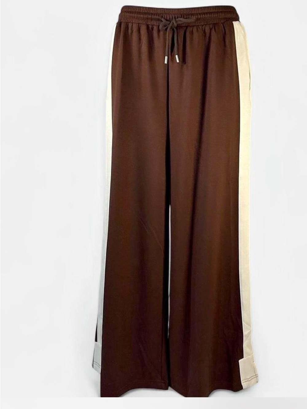 NWT JODIFL Chocolate Brown Wide Leg Track Pants Cream Side Stripe Drawstring M